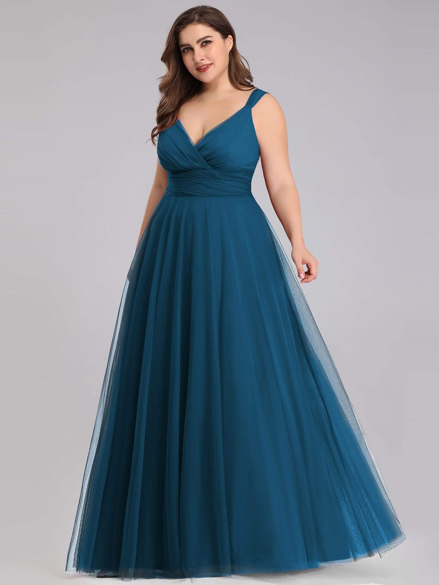 COLOR=Teal | Maxi Long Double V Neck Plus Size Tulle Bridesmaid Dresses-Teal 4