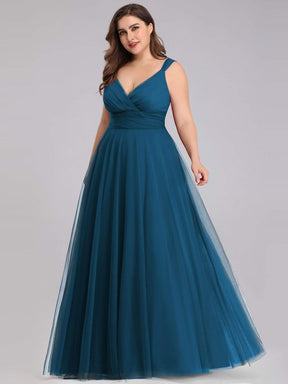 COLOR=Teal | Maxi Long Double V Neck Plus Size Tulle Bridesmaid Dresses-Teal 4