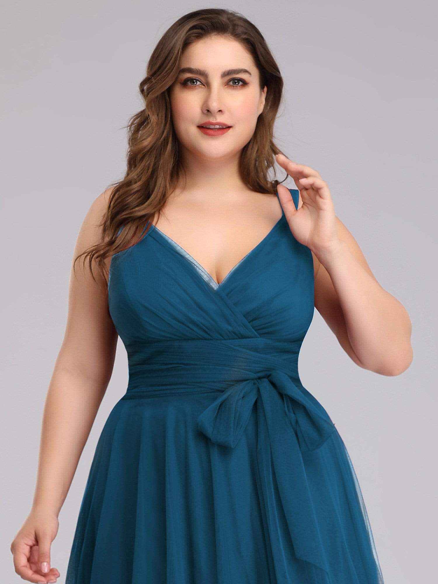 COLOR=Teal | Maxi Long Double V Neck Plus Size Tulle Bridesmaid Dresses-Teal 5
