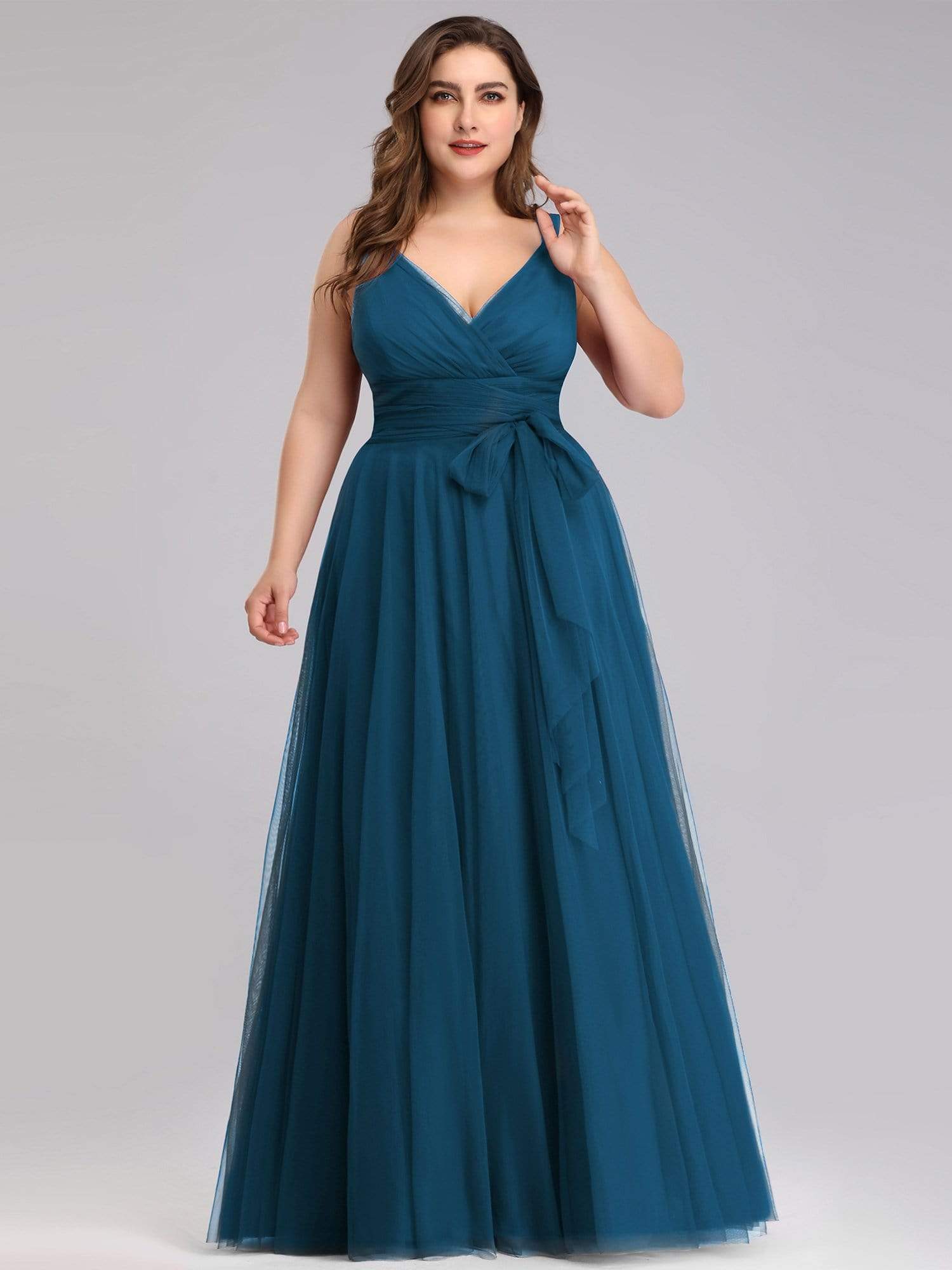 COLOR=Teal | Maxi Long Double V Neck Plus Size Tulle Bridesmaid Dresses-Teal 1