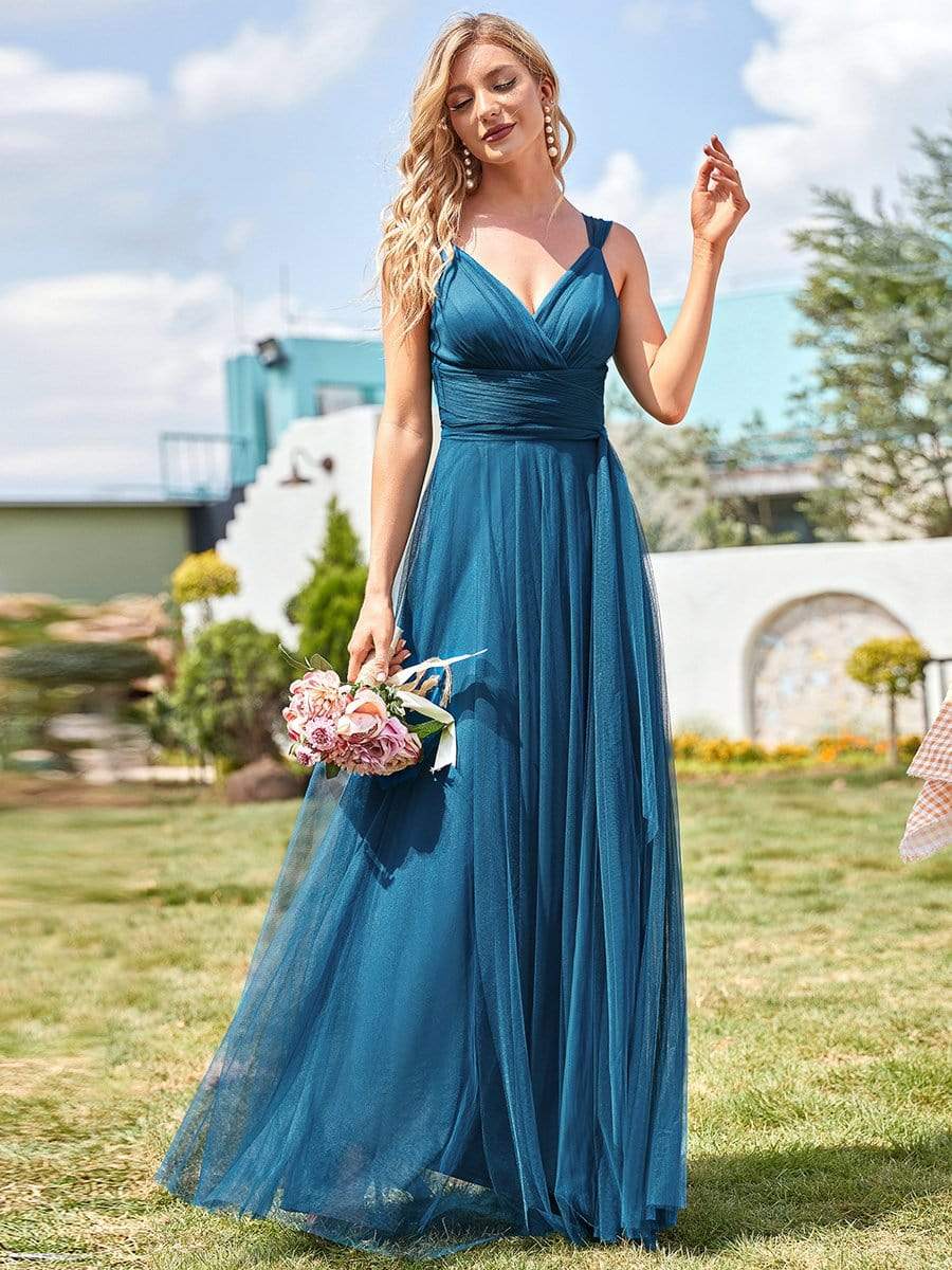 COLOR=Teal | Floor Length V Neck Evening Gown-Teal 1