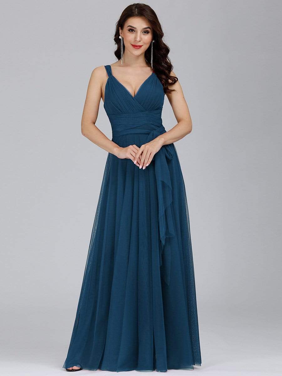 COLOR=Teal | Floor Length V Neck Evening Gown-Teal 3