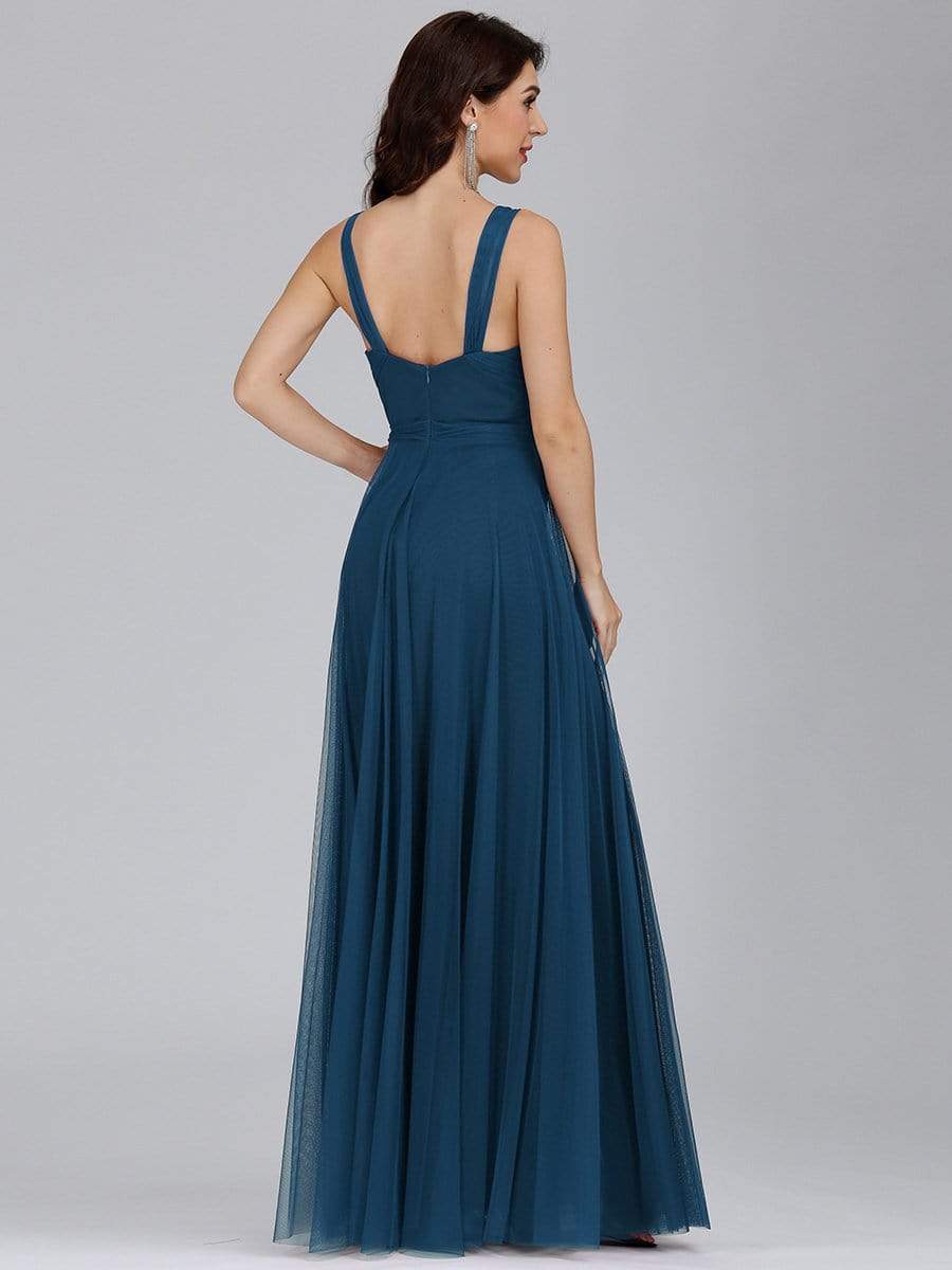 COLOR=Teal | Floor Length V Neck Evening Gown-Teal 4