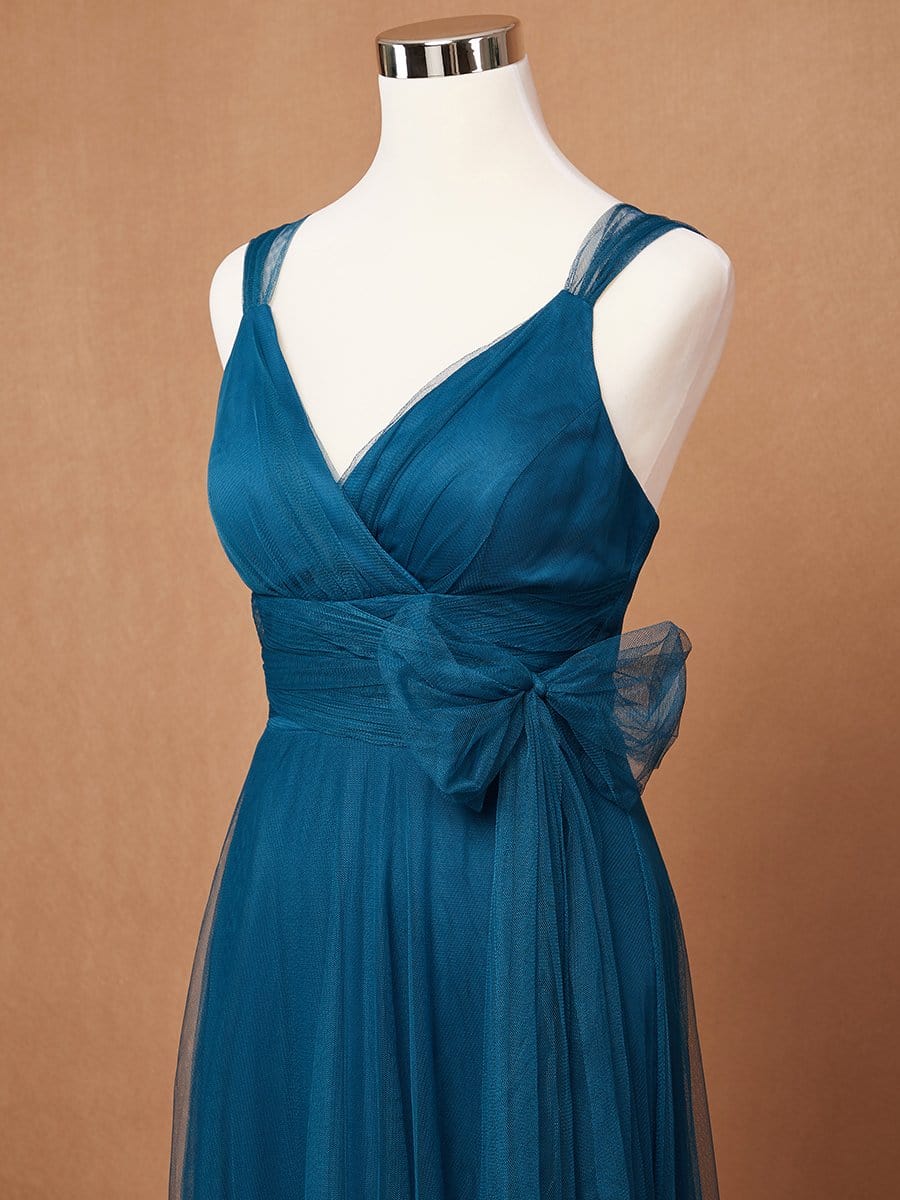 COLOR=Teal | Floor Length V Neck Evening Gown-Teal 8