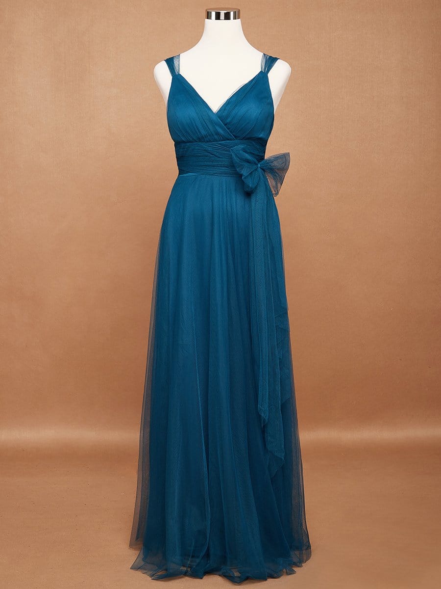 COLOR=Teal | Floor Length V Neck Evening Gown-Teal 9