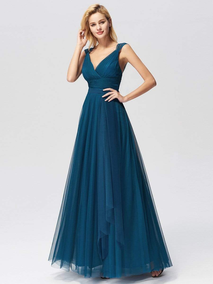 COLOR=Teal | Floor Length V Neck Evening Gown-Teal 5