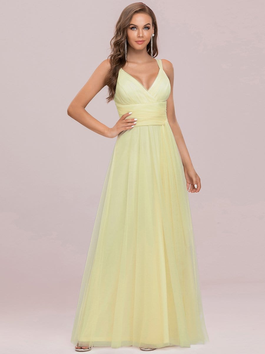 COLOR=Yellow | Maxi Long Double V Neck Plus Size Tulle Bridesmaid Dresses-Yellow 6