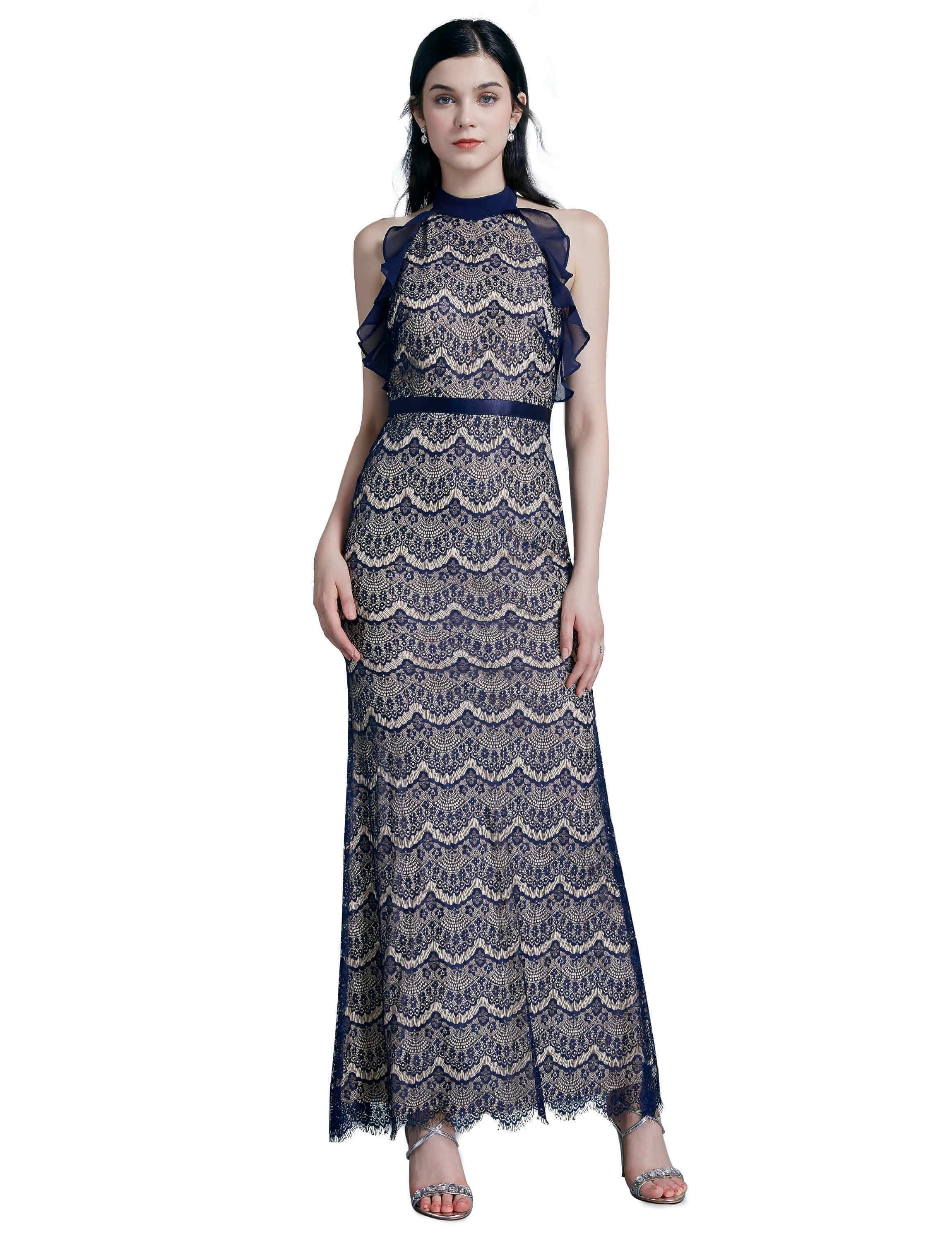 Color=Navy Blue | Halter Neck Long Lace Evening Dress-Navy Blue 3