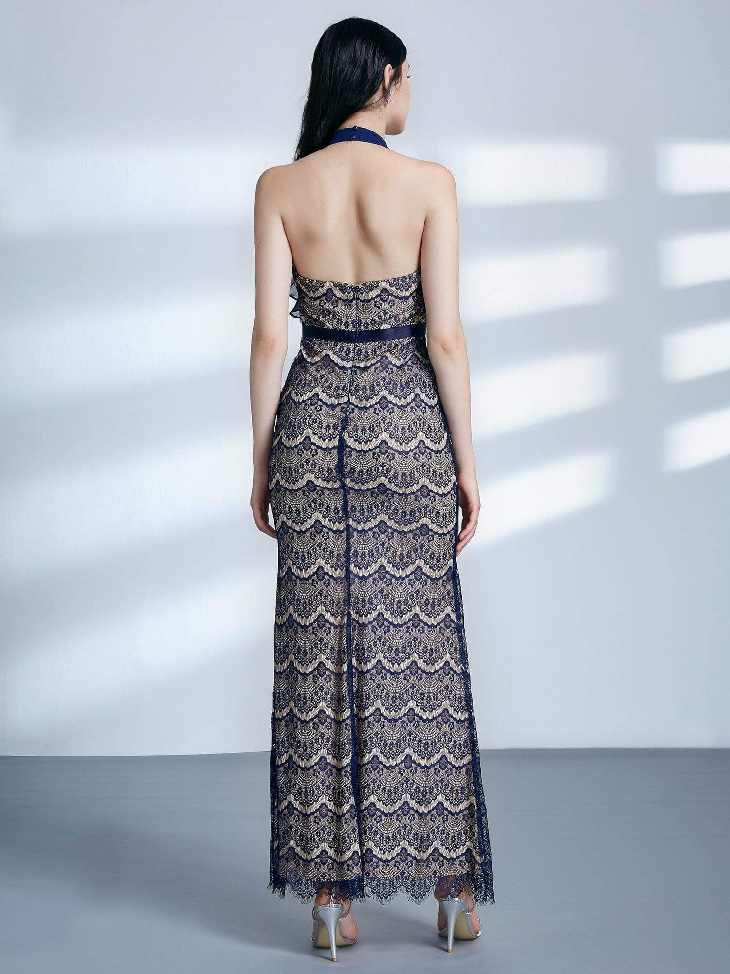 Color=Navy Blue | Halter Neck Long Lace Evening Dress-Navy Blue 4