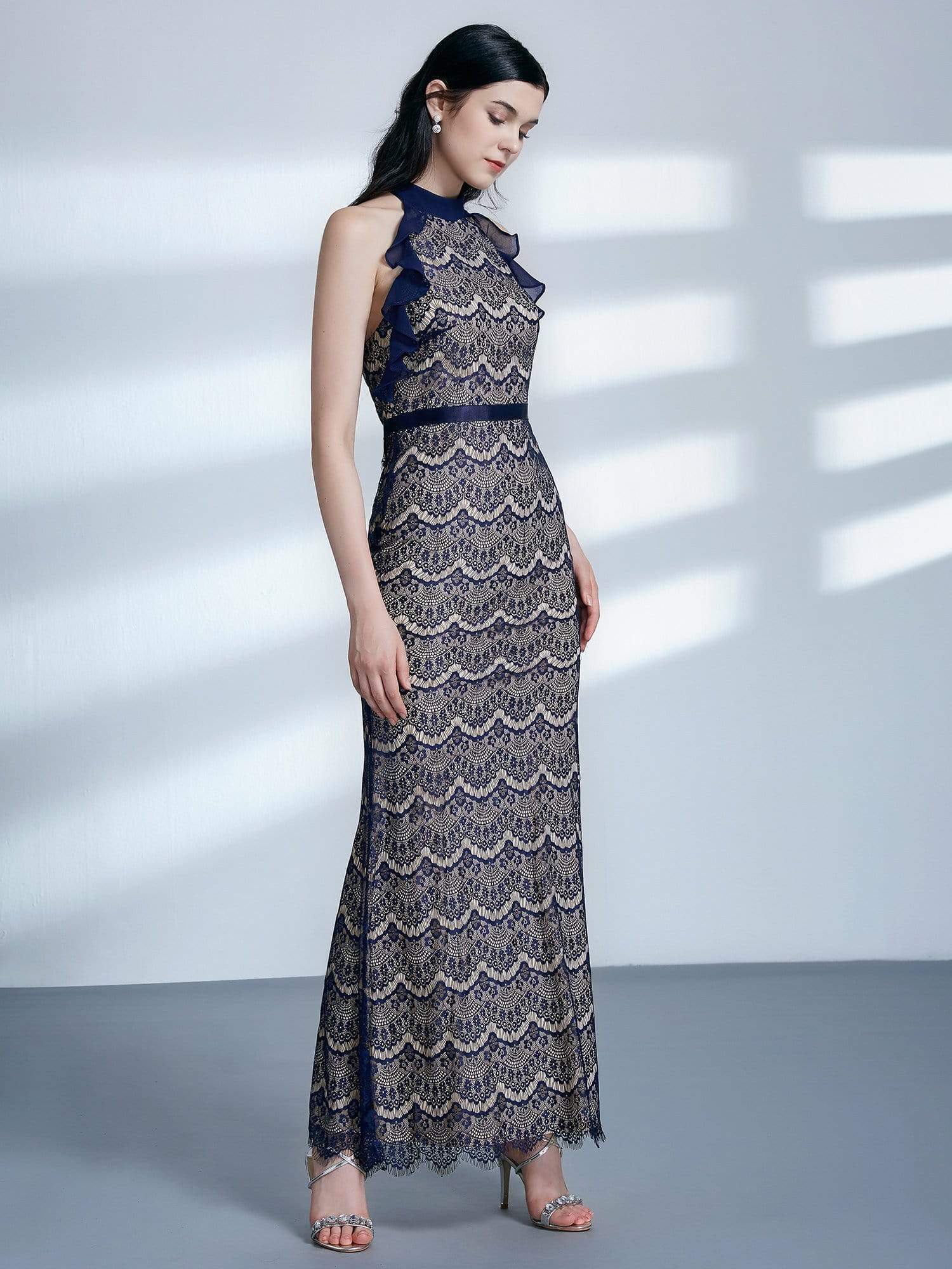 Color=Navy Blue | Halter Neck Long Lace Evening Dress-Navy Blue 5