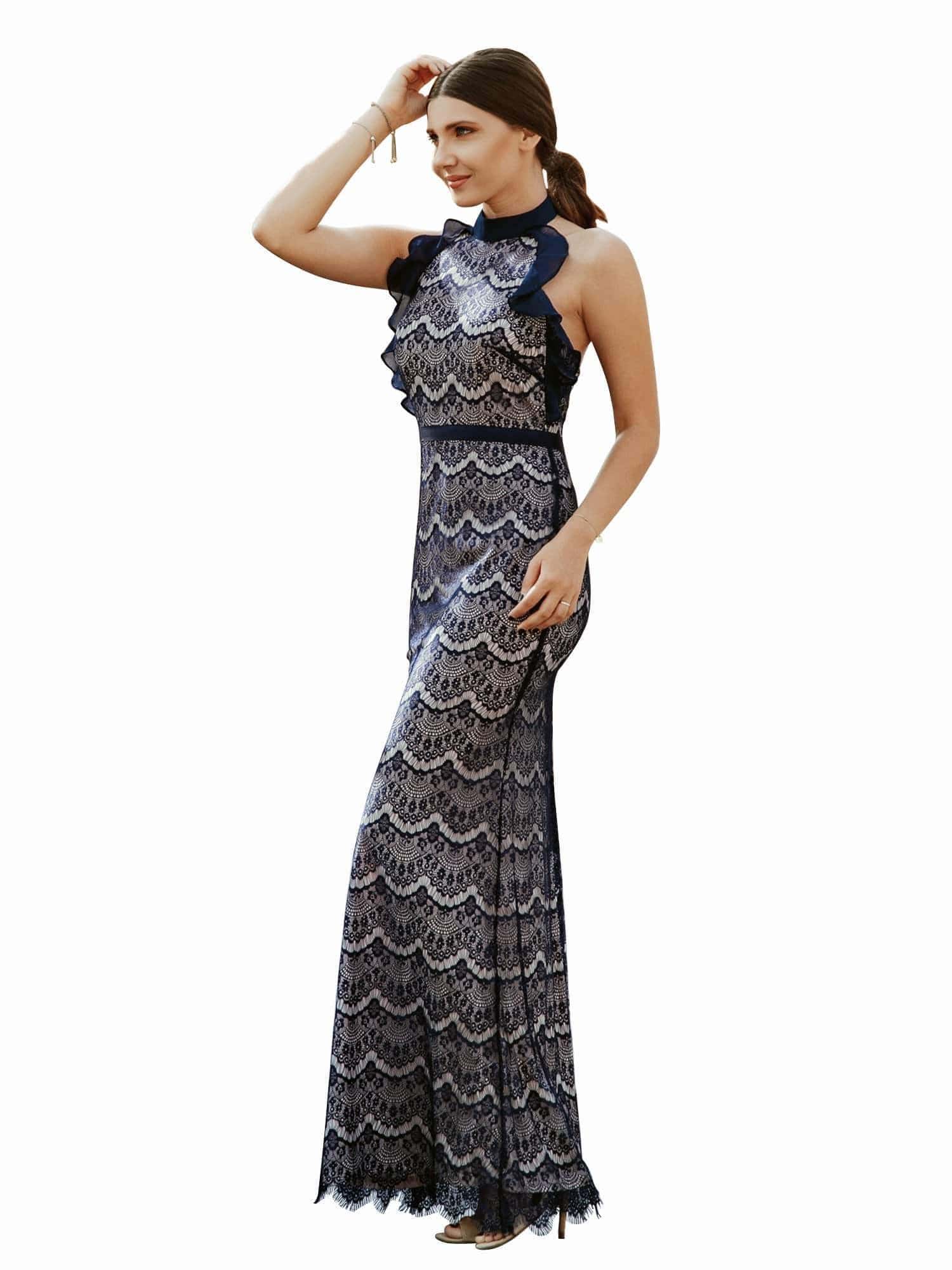 Color=Navy Blue | Halter Neck Long Lace Evening Dress-Navy Blue 10