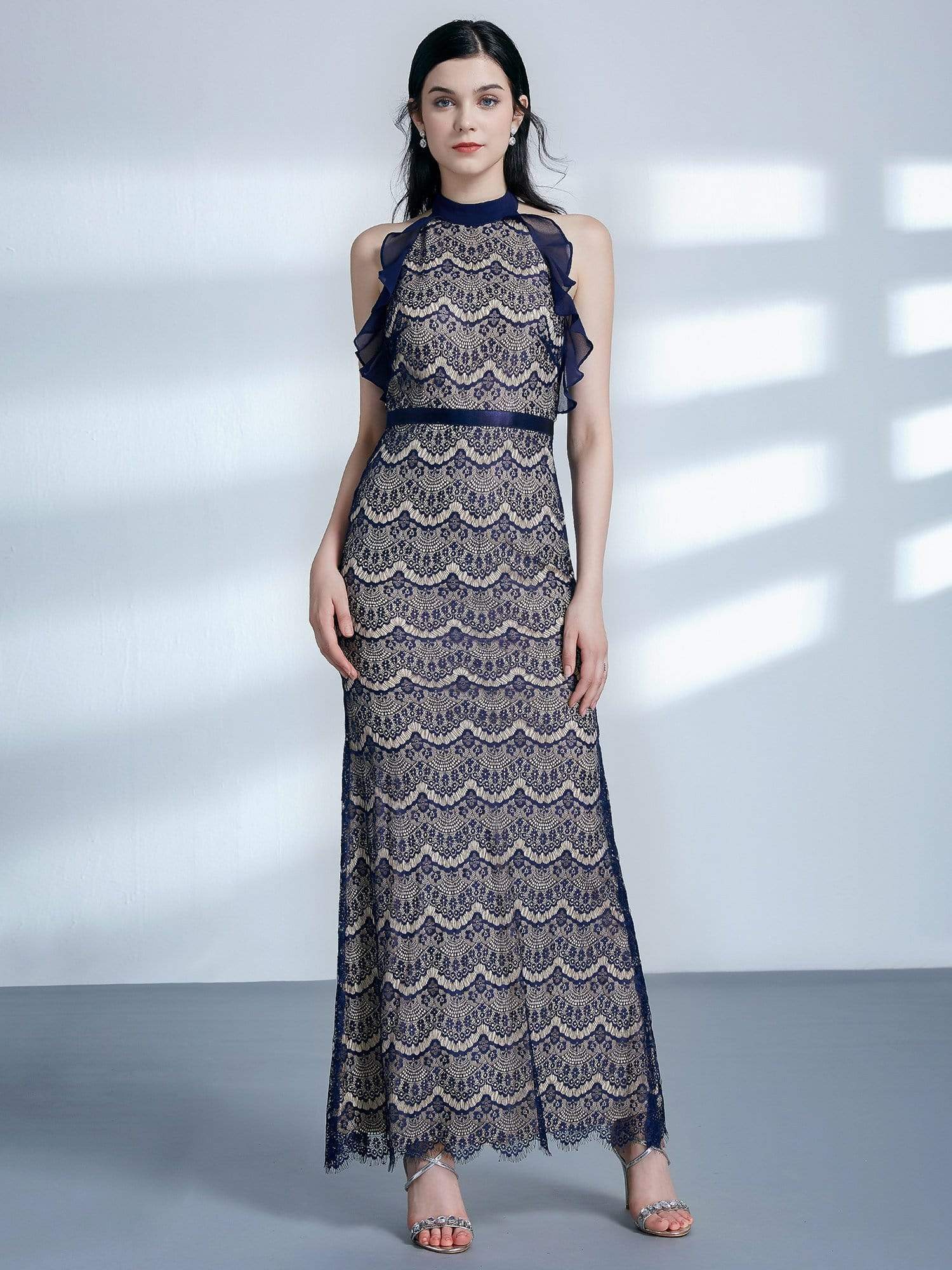 Color=Navy Blue | Halter Neck Long Lace Evening Dress-Navy Blue 2