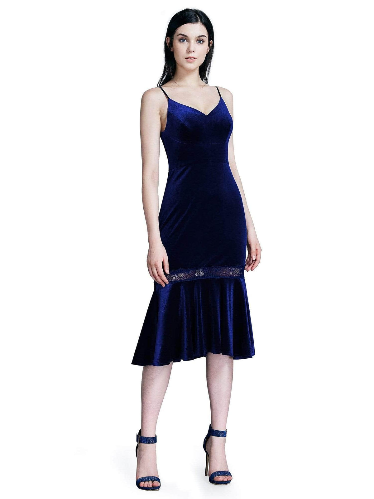 Color=Midnight Blue | Sleeveless V Neck Velvet Midi Dress-Midnight Blue 2