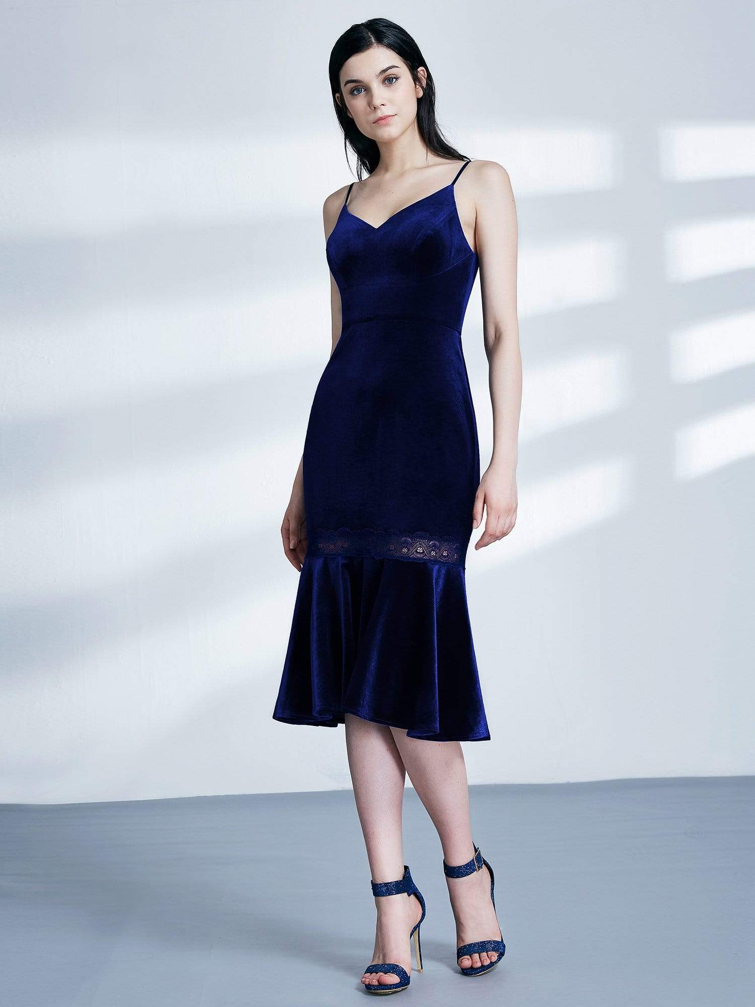 Color=Midnight Blue | Sleeveless V Neck Velvet Midi Dress-Midnight Blue 4