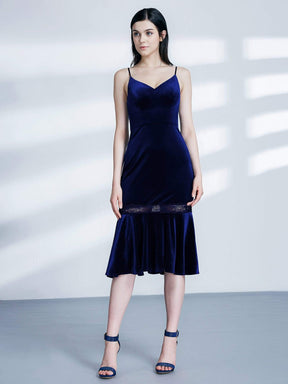 Color=Midnight Blue | Sleeveless V Neck Velvet Midi Dress-Midnight Blue 5