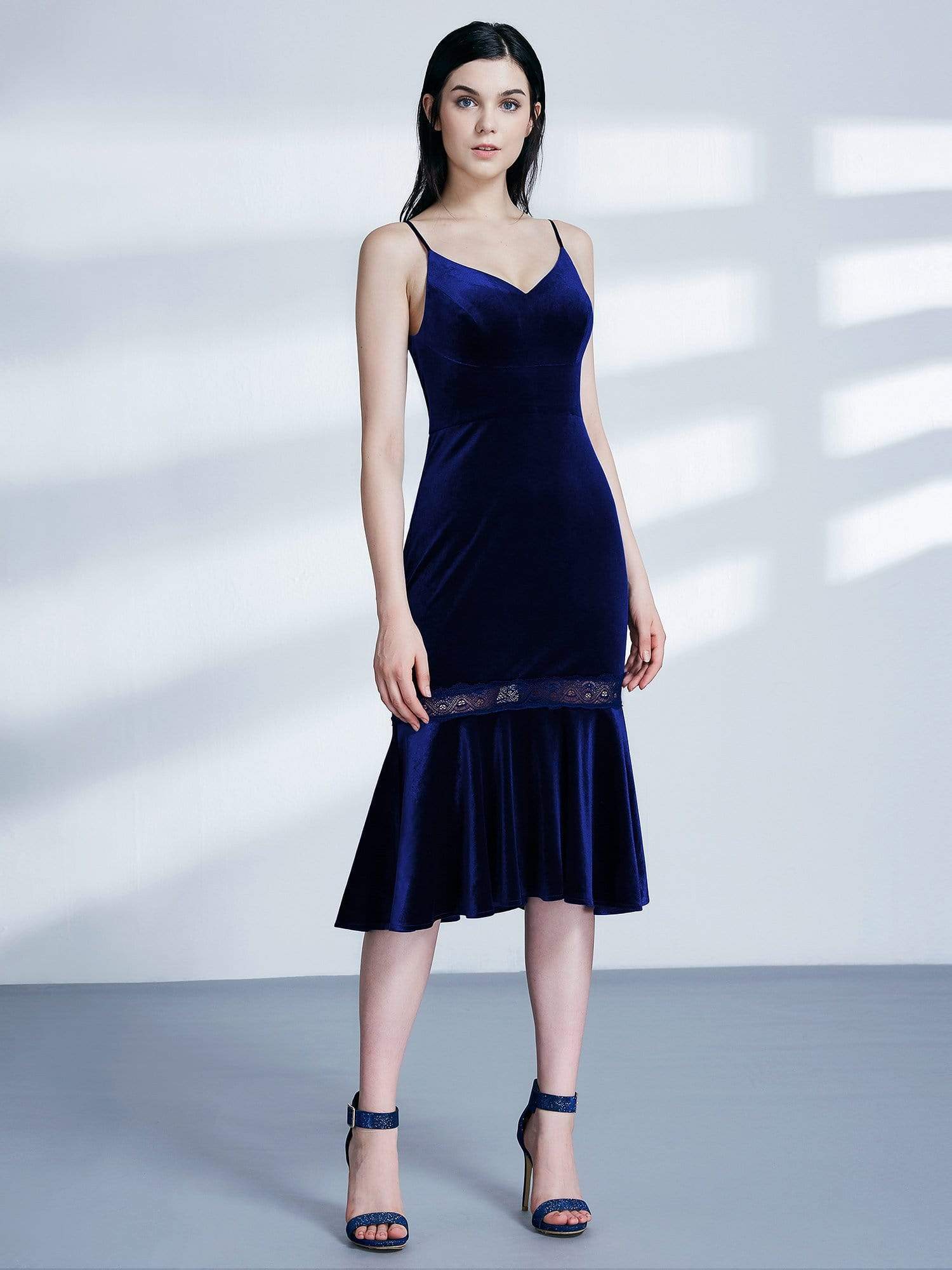 Color=Midnight Blue | Sleeveless V Neck Velvet Midi Dress-Midnight Blue 1