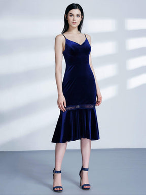 Color=Midnight Blue | Sleeveless V Neck Velvet Midi Dress-Midnight Blue 1