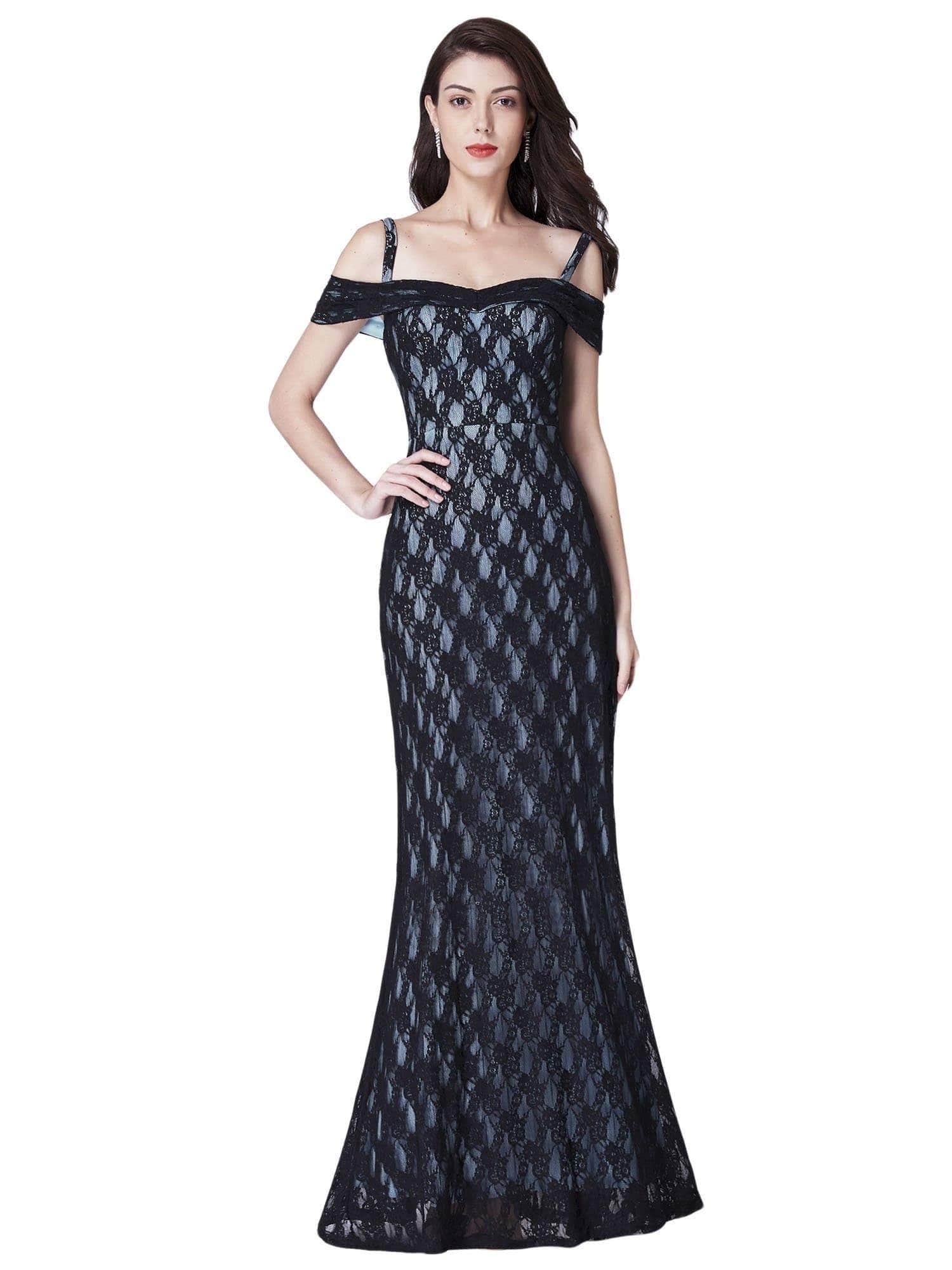 Color=Black | Long Lace Off Shoulder Evening Dress-Black 2