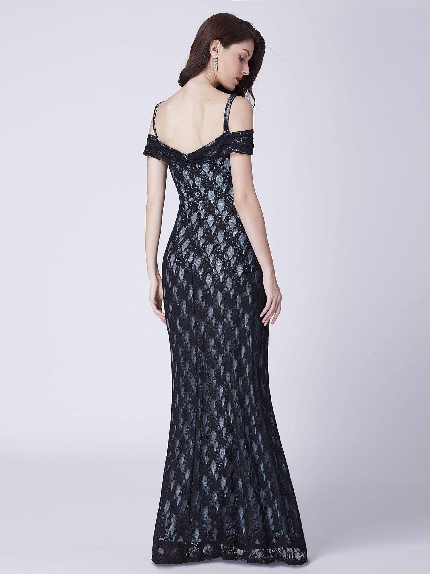 Color=Black | Long Lace Off Shoulder Evening Dress-Black 3