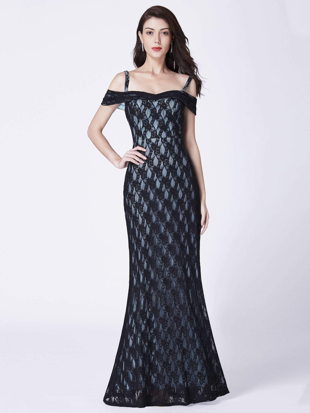 Color=Black | Long Lace Off Shoulder Evening Dress-Black 1