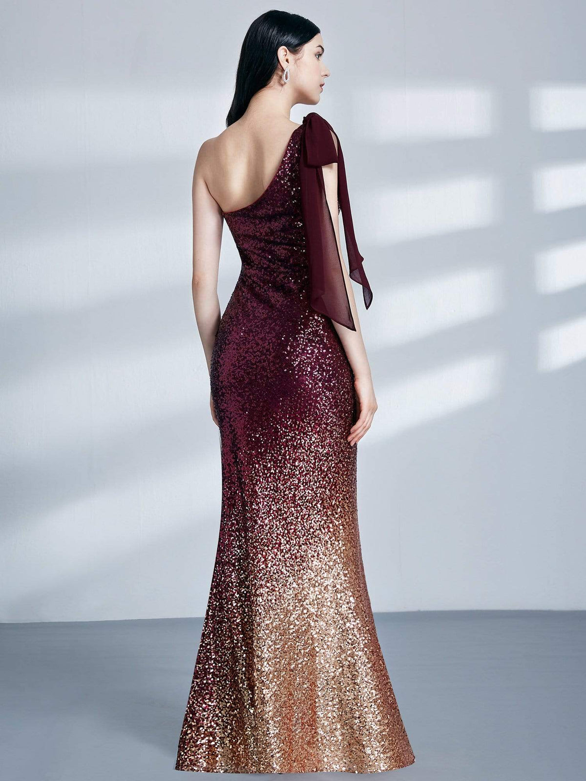 Color=Burgundy | Long One Shoulder Sequin Evening Dress-Burgundy 2