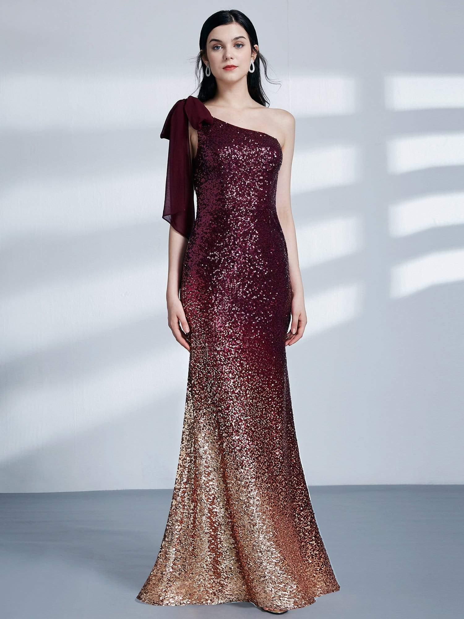 Color=Burgundy | Long One Shoulder Sequin Evening Dress-Burgundy 4