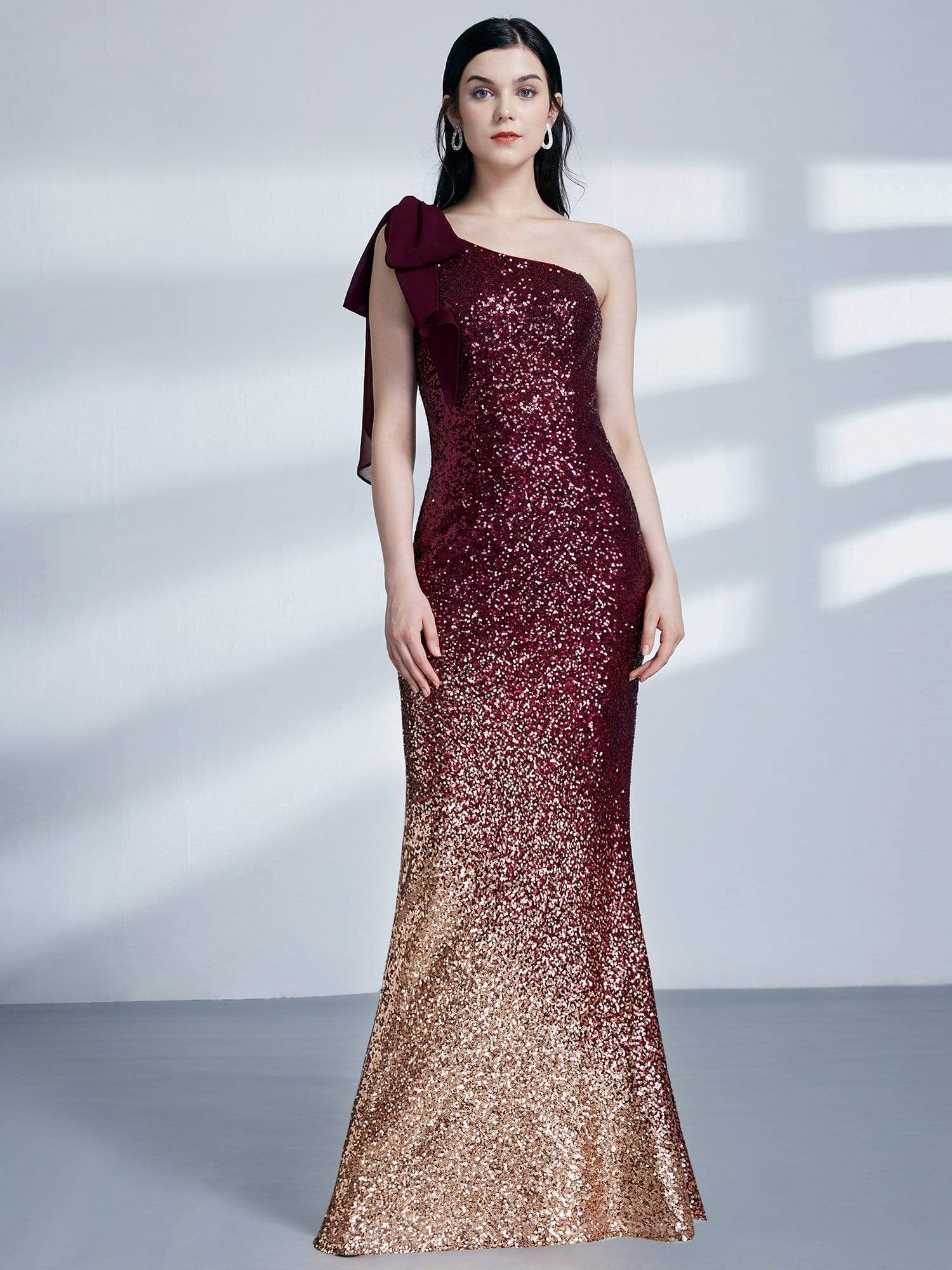 Color=Burgundy | Long One Shoulder Sequin Evening Dress-Burgundy 1