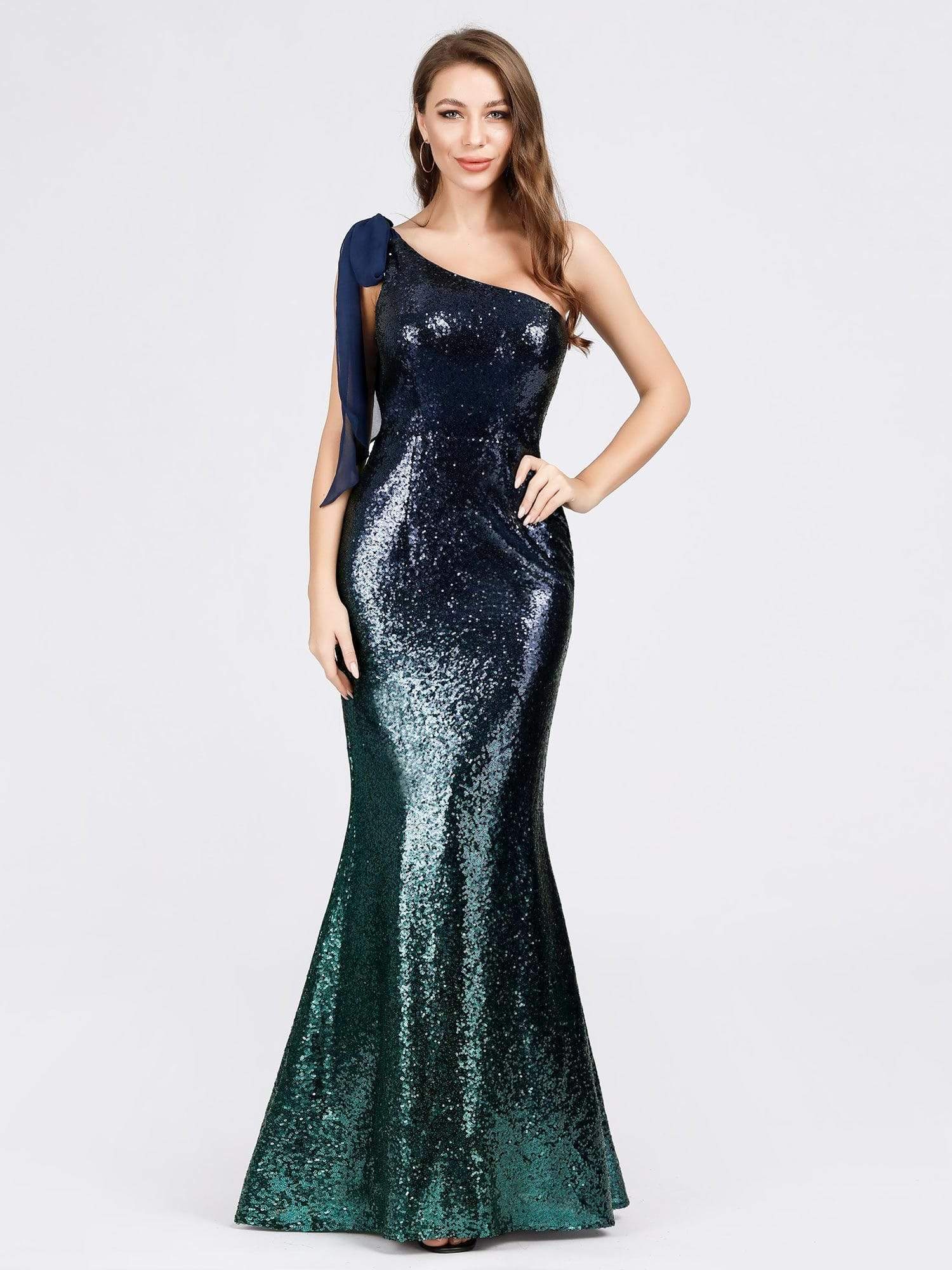 Color=Dark Green | Long One Shoulder Sequin Evening Dress-Dark Green 1