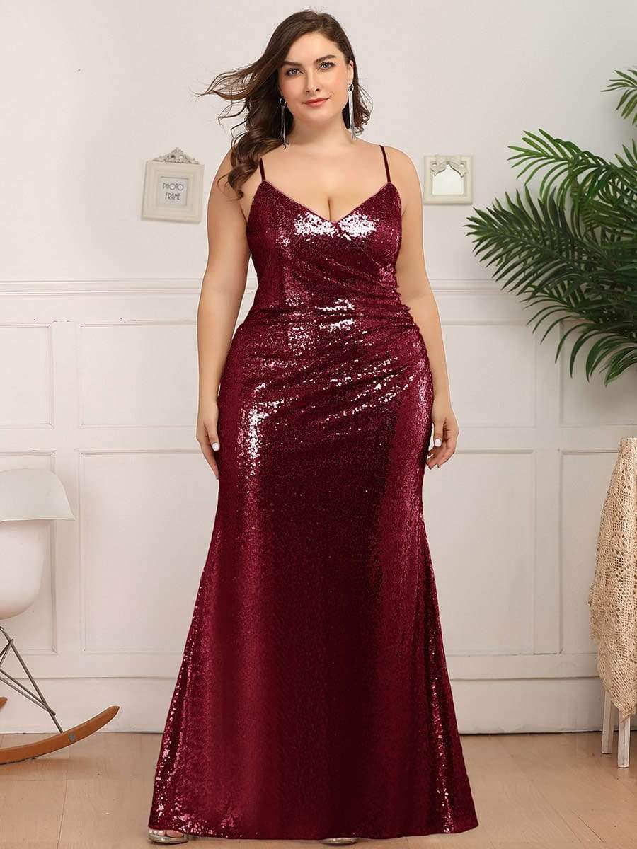 COLOR=Burgundy | Plus Size Sexy Sequin Evening Gown-Burgundy 2