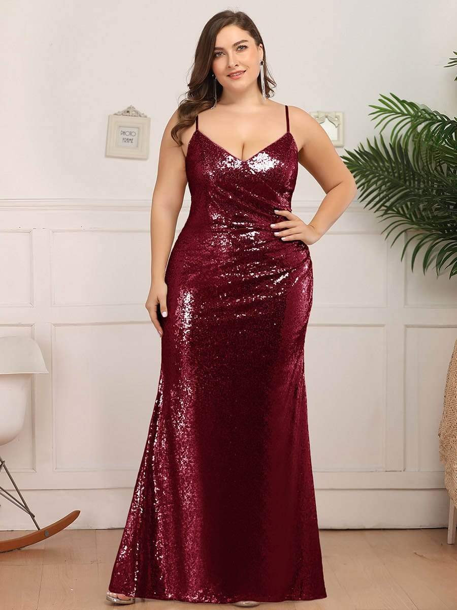 COLOR=Burgundy | Plus Size Sexy Sequin Evening Gown-Burgundy 1