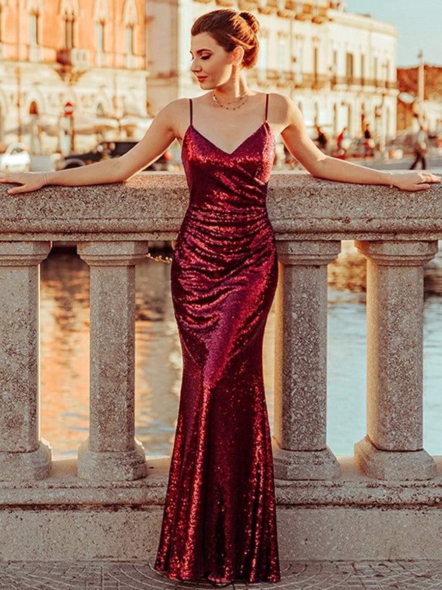 COLOR=Burgundy | Sexy Sequin Evening Gown-Burgundy 2