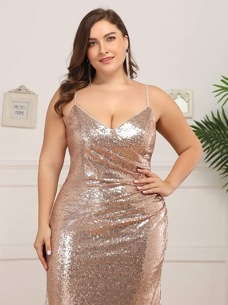 Rose Gold Shiny Dress Plus Size Sequin Evening Gowns For Party