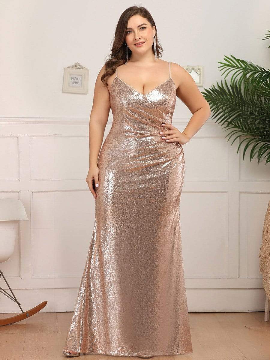 COLOR=Rose Gold | Plus Size Sexy Sequin Evening Gown-Rose Gold 1