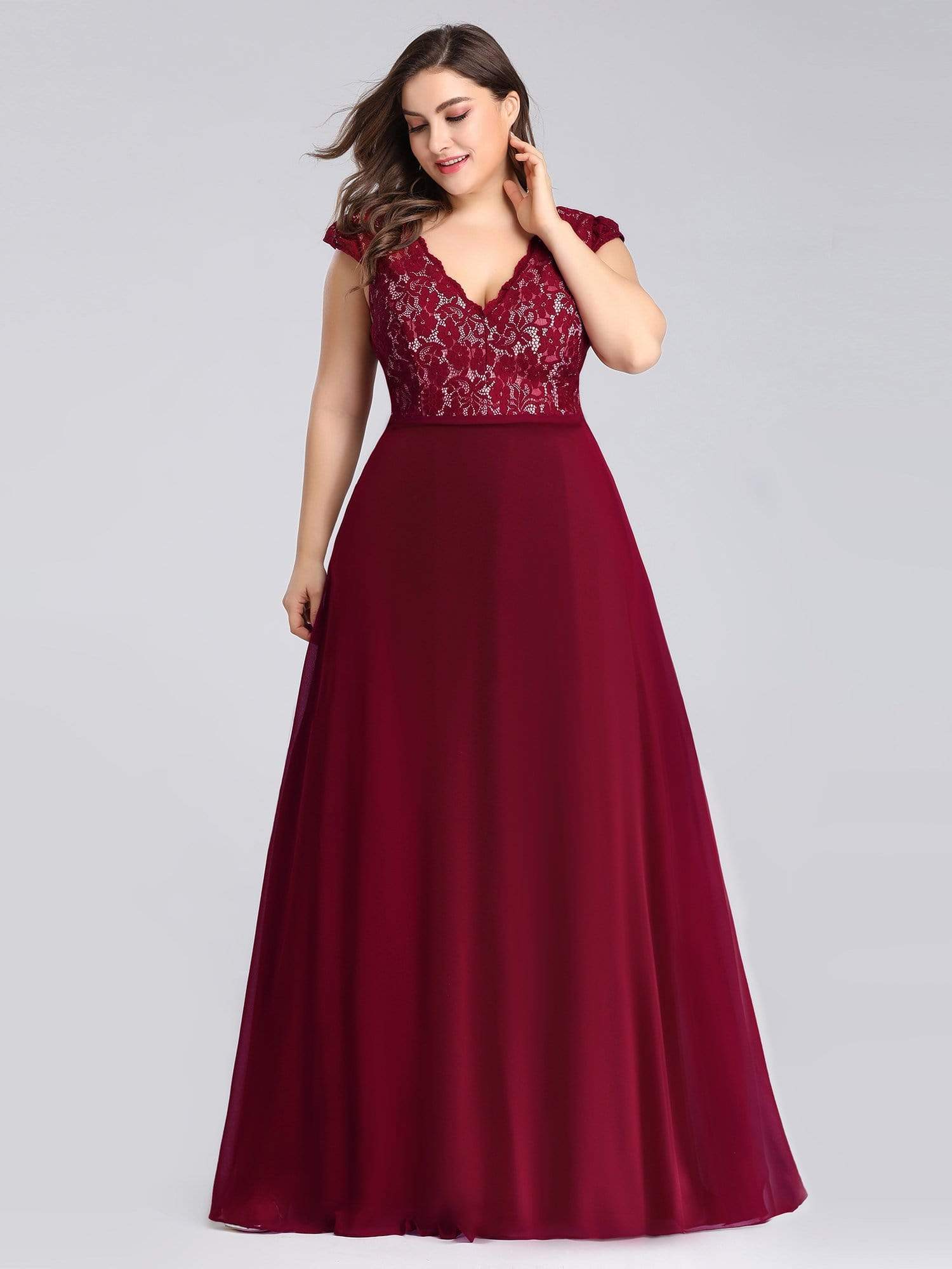COLOR=Burgundy | Long Evening Dress With Lace Bust-Burgundy 6