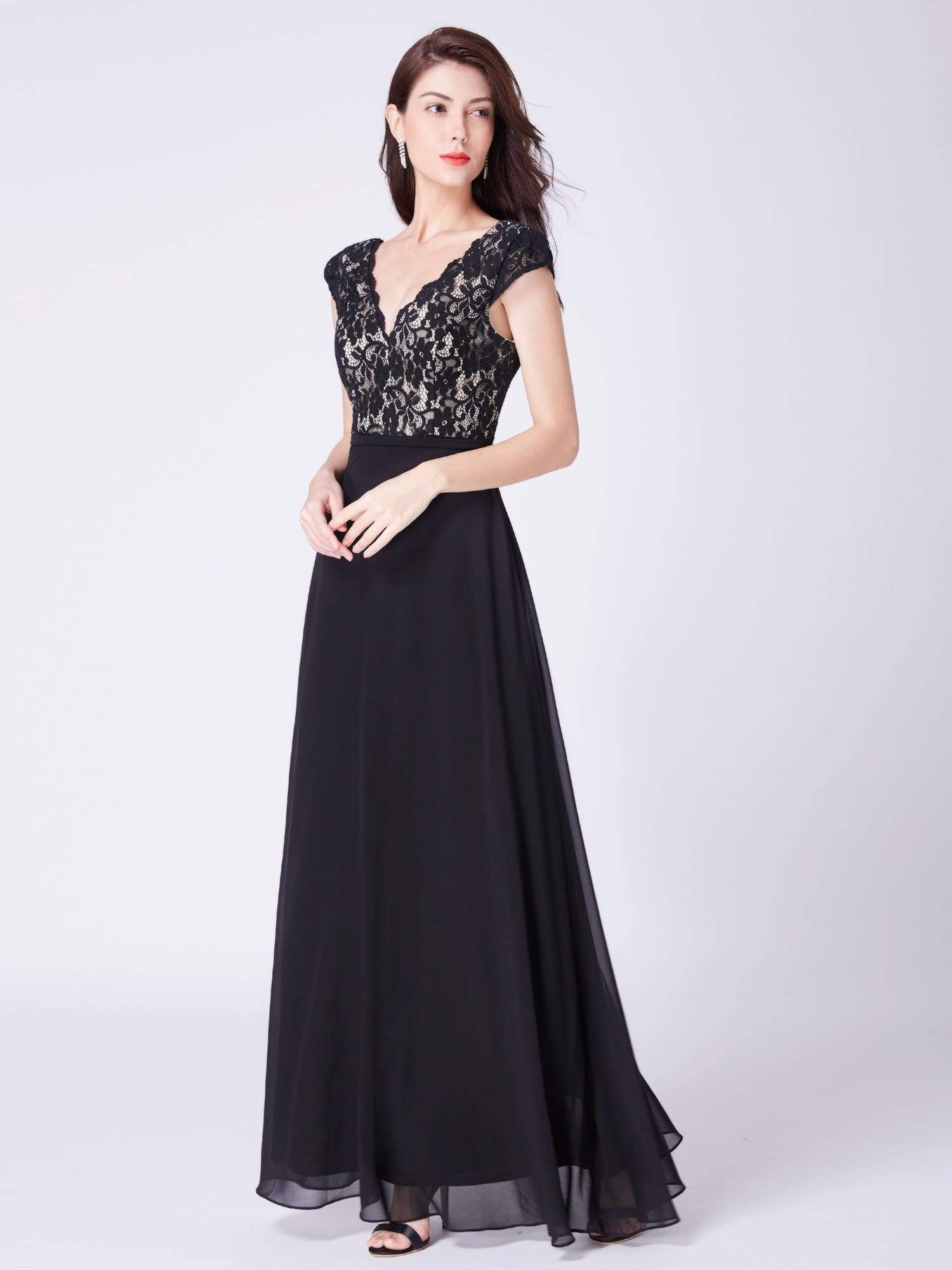 COLOR=Black | Long Evening Dress With Lace Bust-Black 3