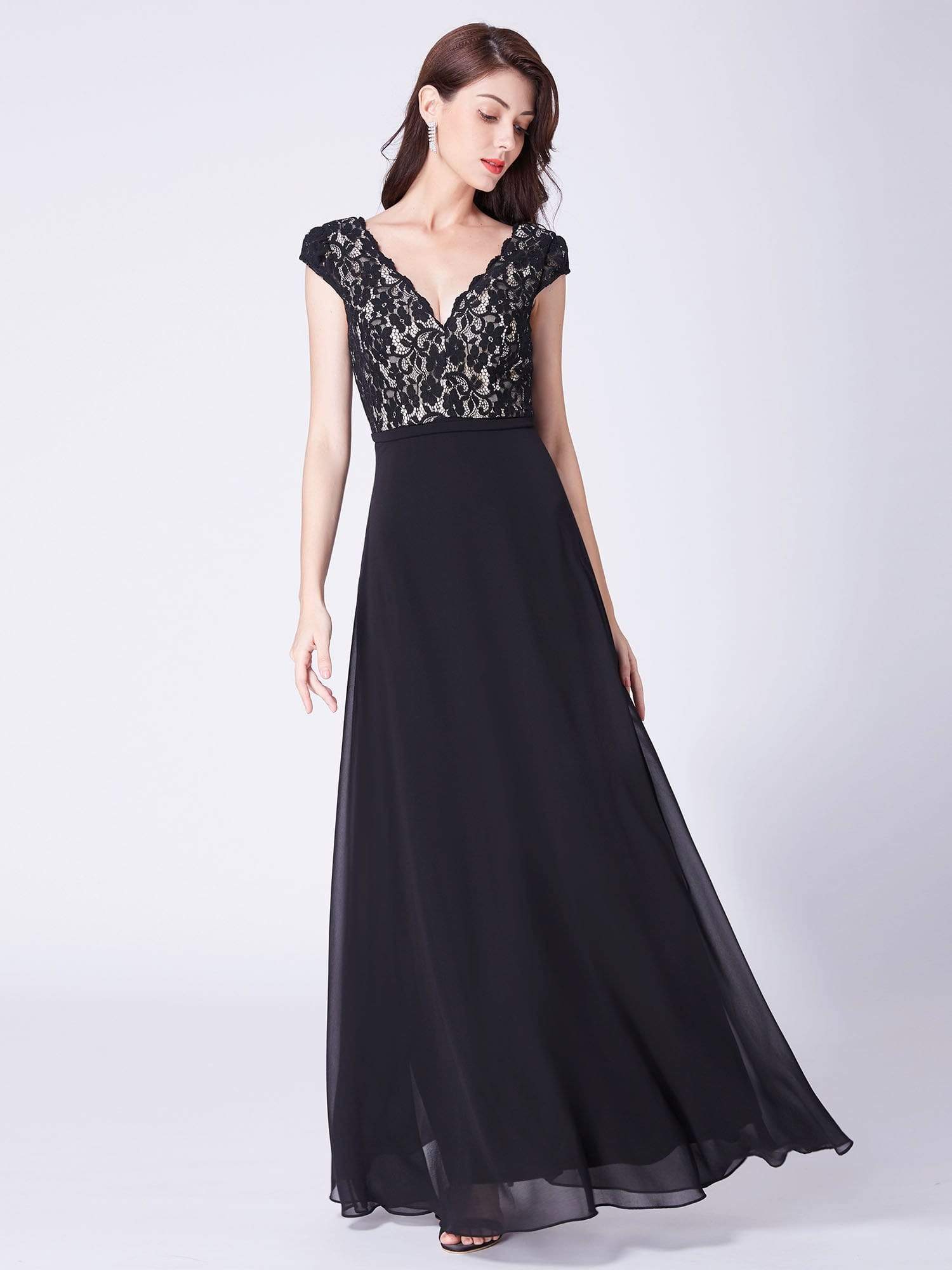 COLOR=Black | Long Evening Dress With Lace Bust-Black 1