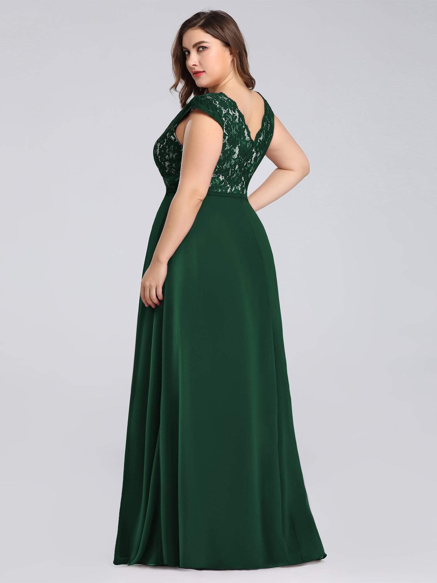 COLOR=Dark Green | Plus Size Long Evening Dress With Lace Bust-Dark Green 2