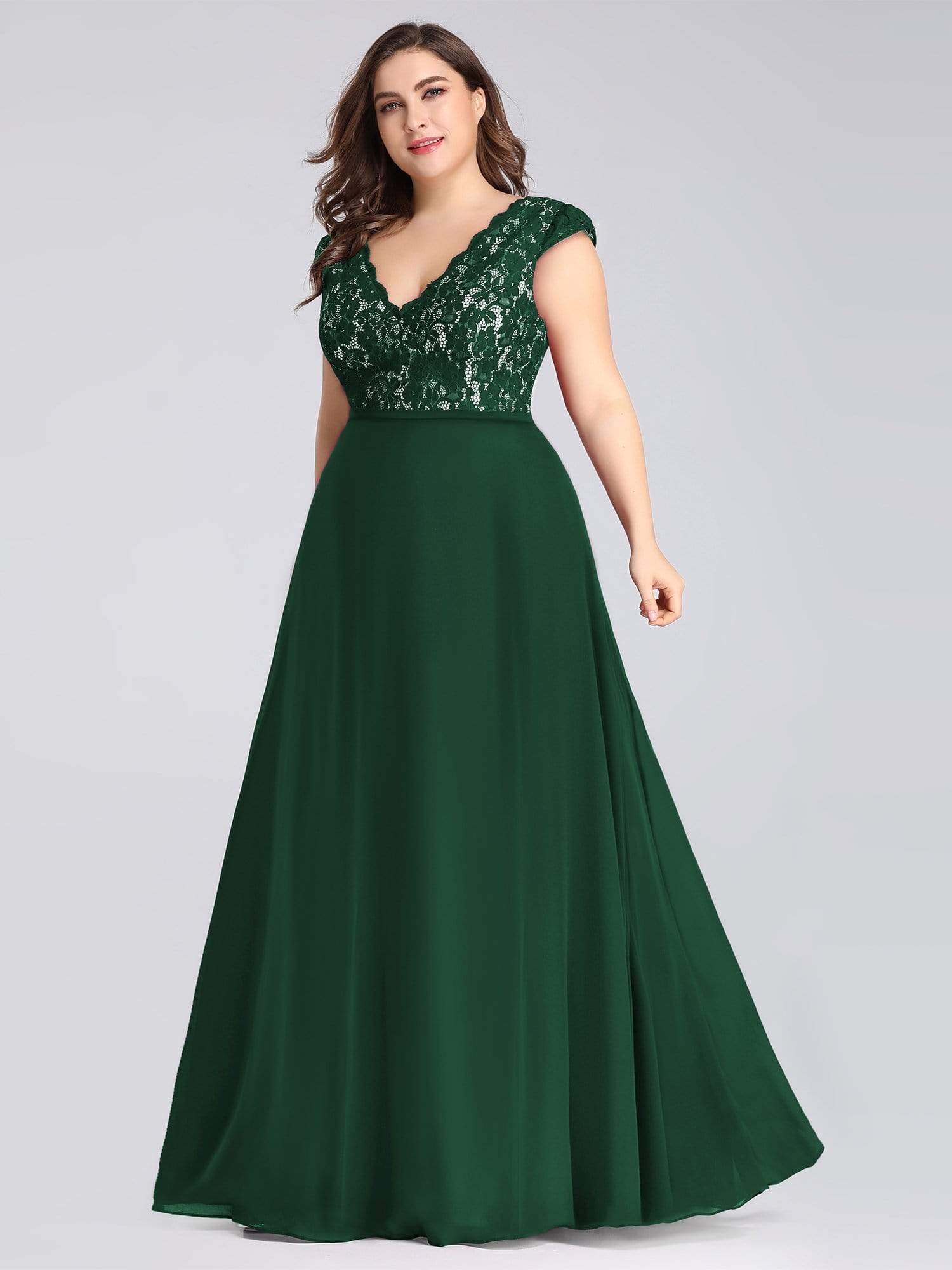 COLOR=Dark Green | Plus Size Long Evening Dress With Lace Bust-Dark Green 3