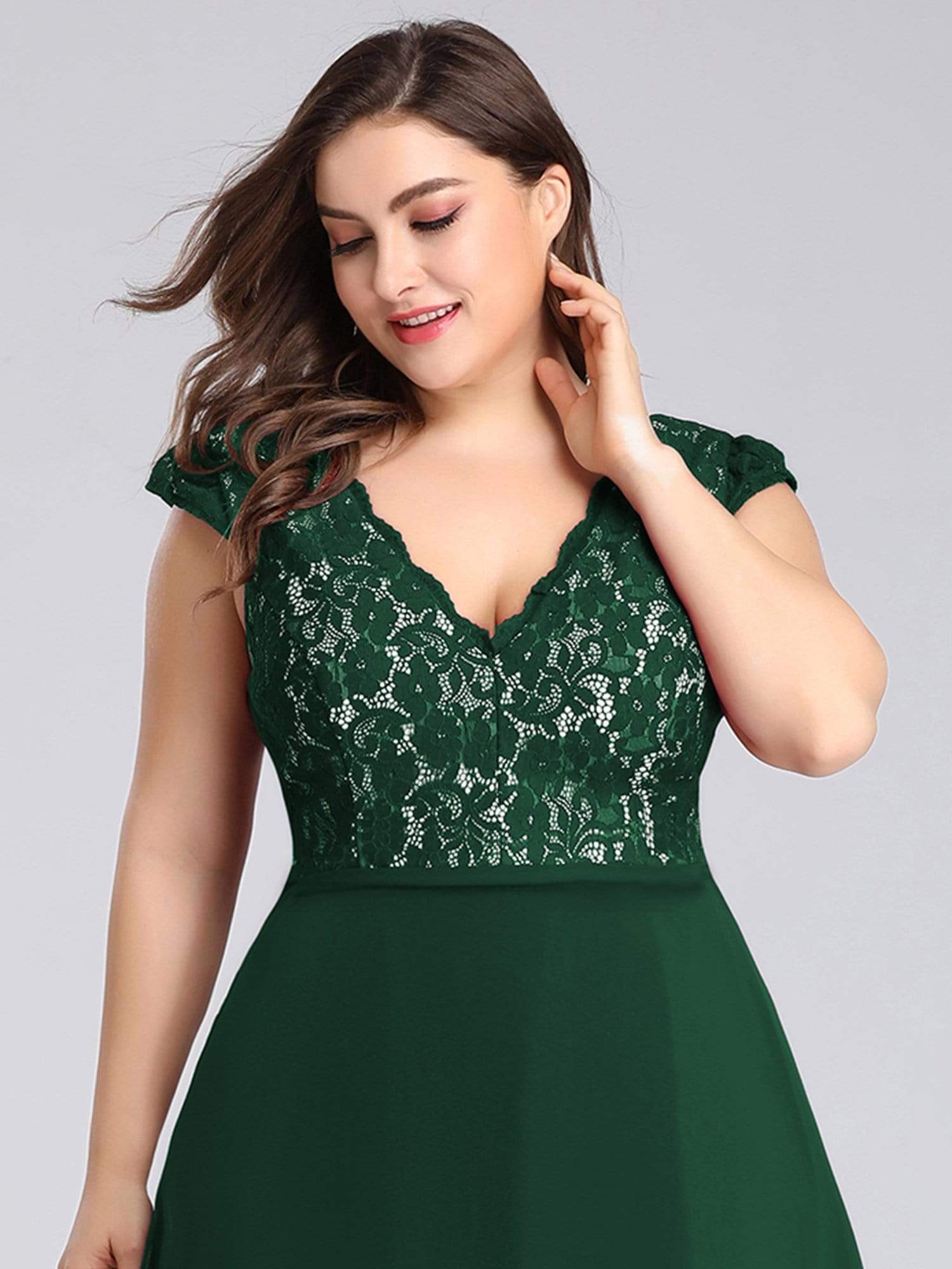 COLOR=Dark Green | Plus Size Long Evening Dress With Lace Bust-Dark Green 5