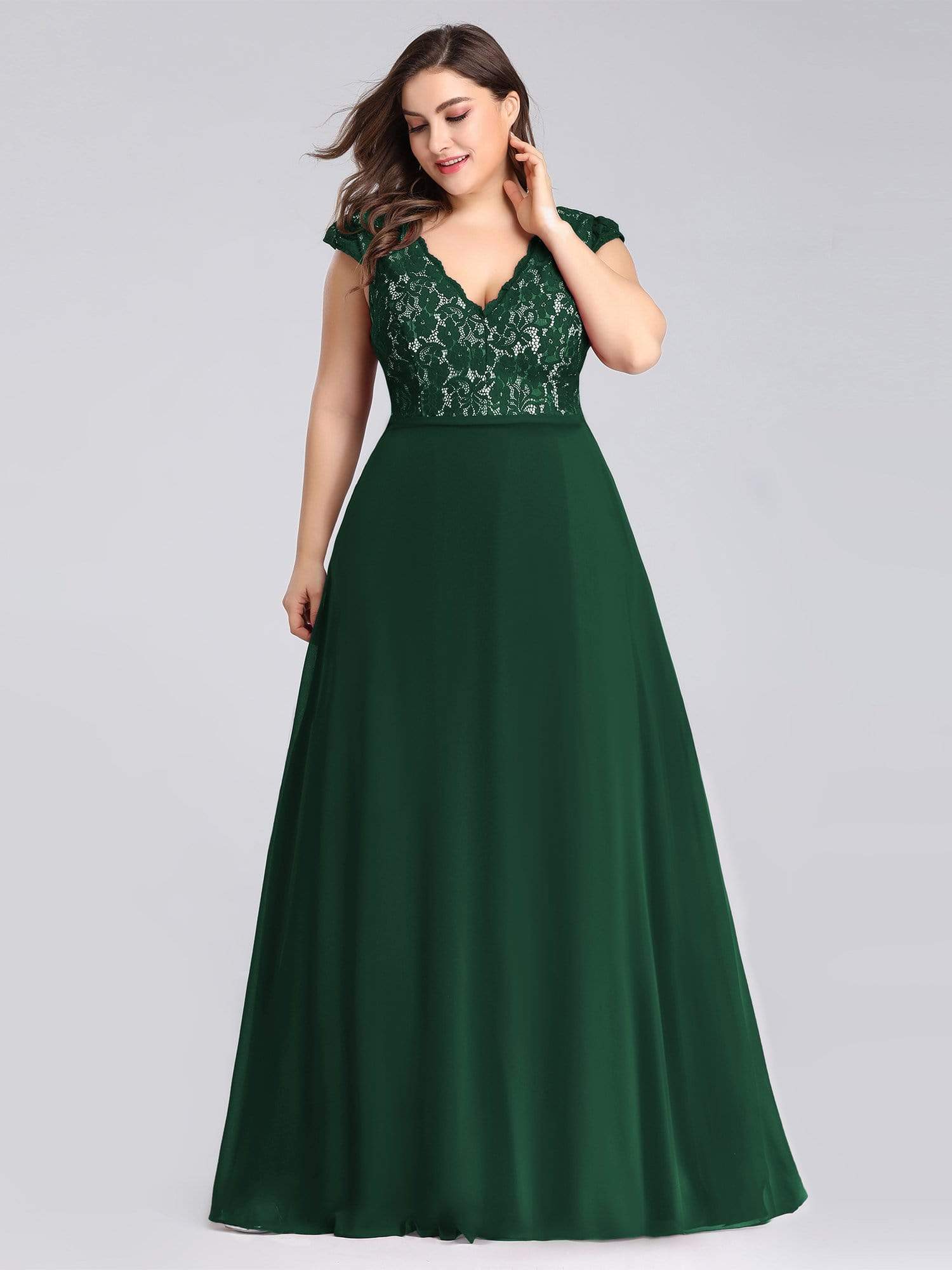 Plus Size Evening Gowns Lace Cap Sleeve Empire Waist