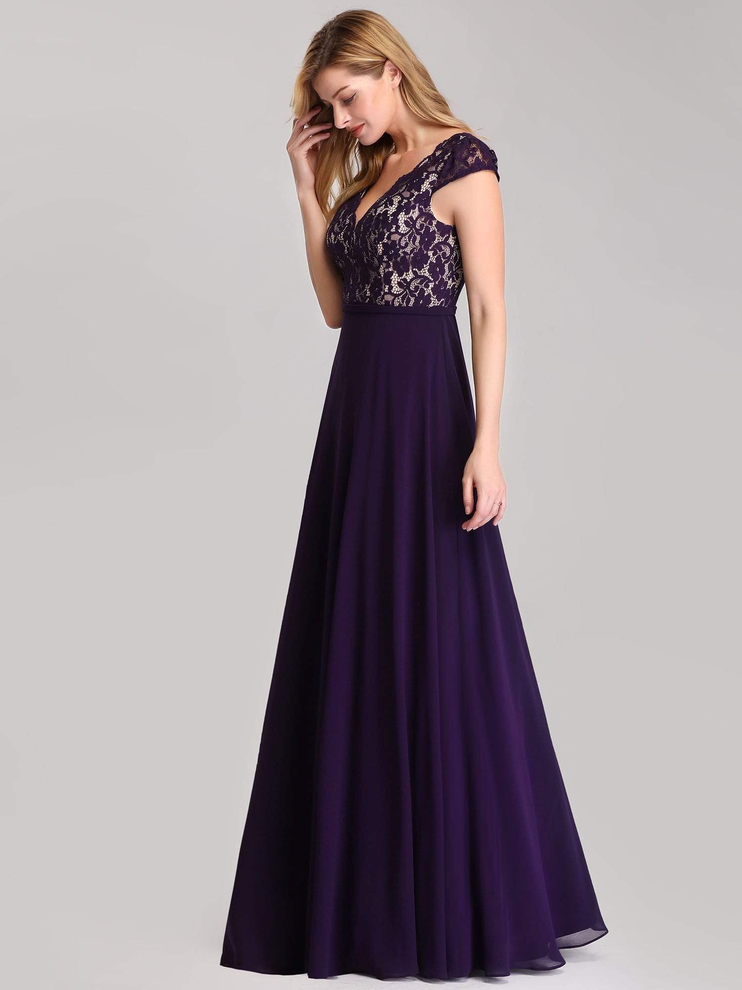 COLOR=Dark Purple | Long Evening Dress With Lace Bust-Dark Purple 3