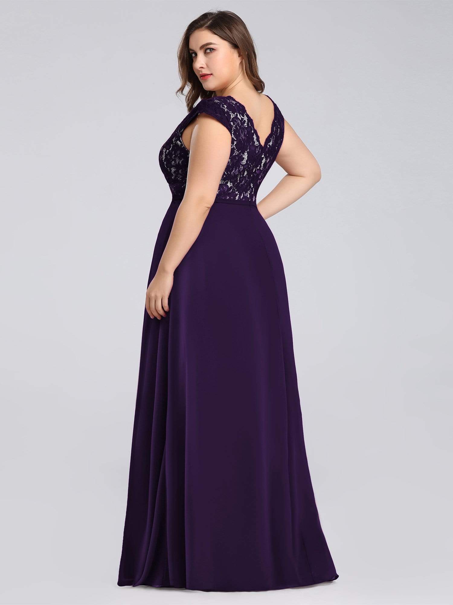 COLOR=Dark Purple | Plus Size Long Evening Dress With Lace Bust-Dark Purple 2