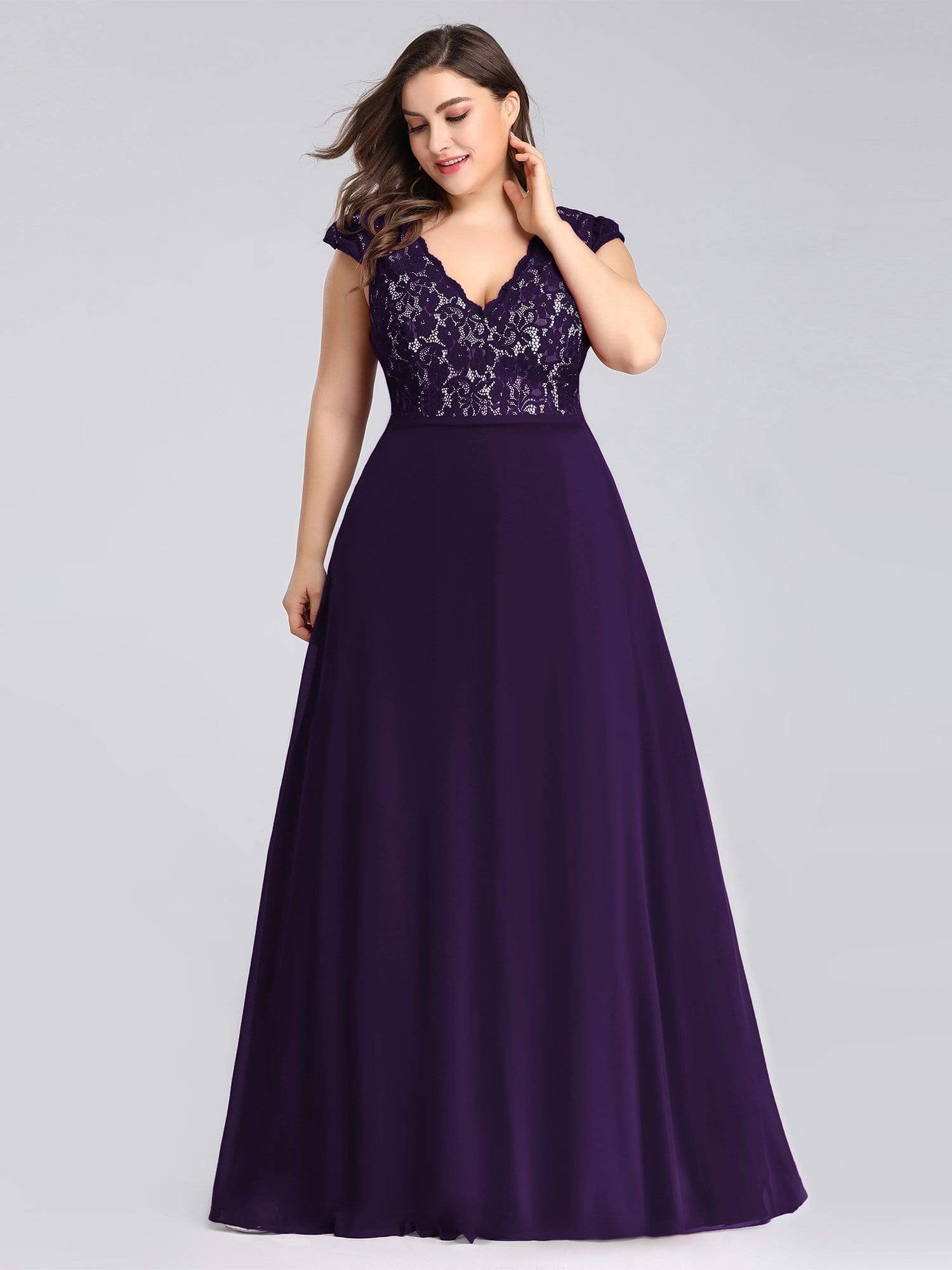COLOR=Dark Purple | Plus Size Long Evening Dress With Lace Bust-Dark Purple 1