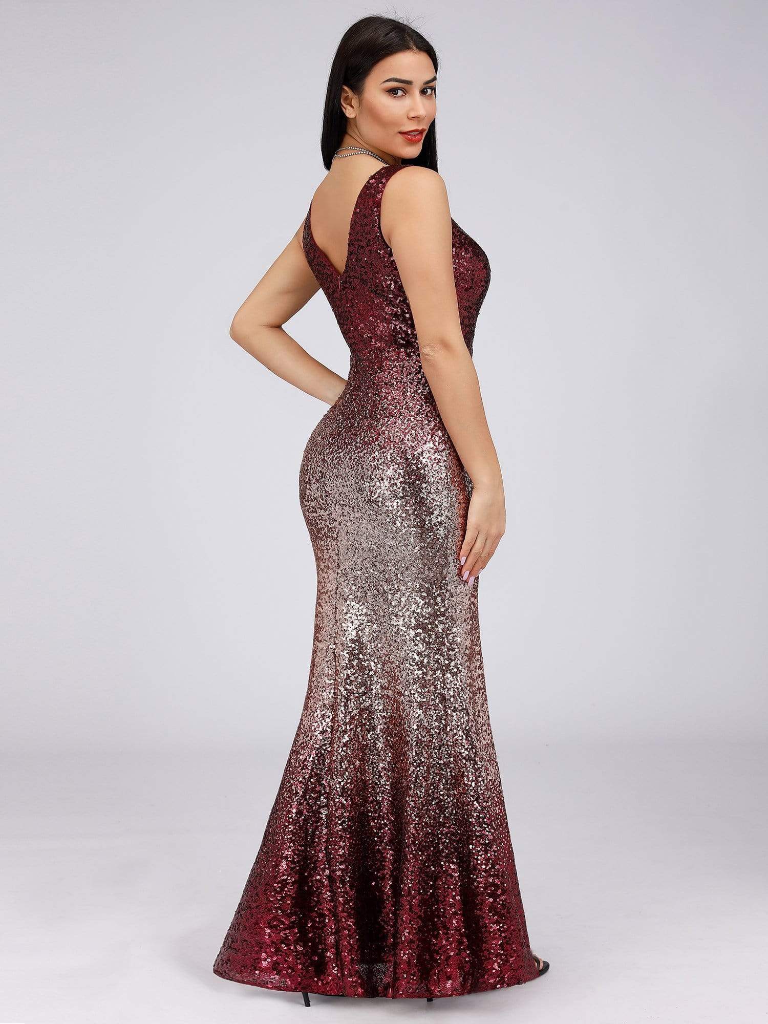 Color=Burgundy | Floor Length Sequin Evening Dress With Thigh High Slit-Burgundy 2