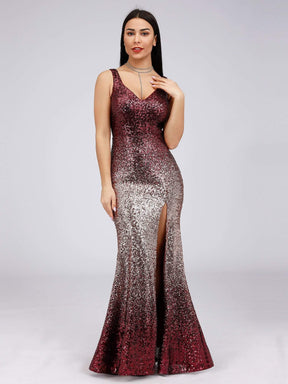Color=Burgundy | Floor Length Sequin Evening Dress With Thigh High Slit-Burgundy 1