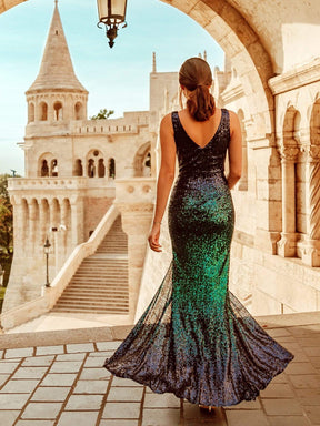 Color=Navy Blue | Floor Length Sequin Evening Dress With Thigh High Slit-Navy Blue 4