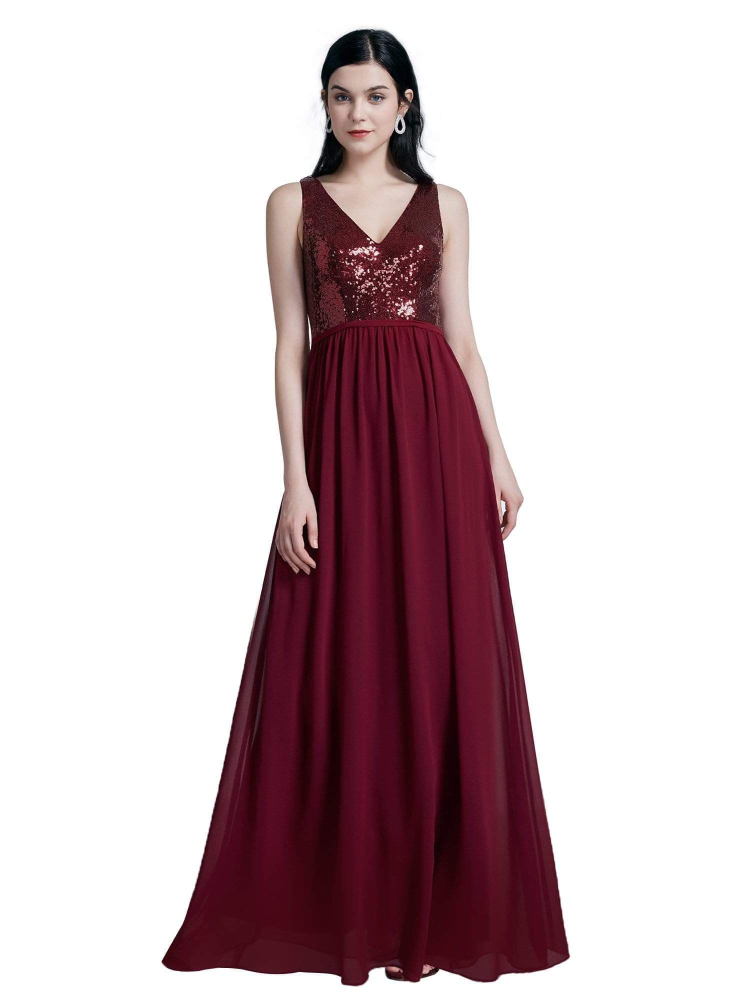 Color=Burgundy | Long Sequin And Chiffon Evening Dress-Burgundy 2