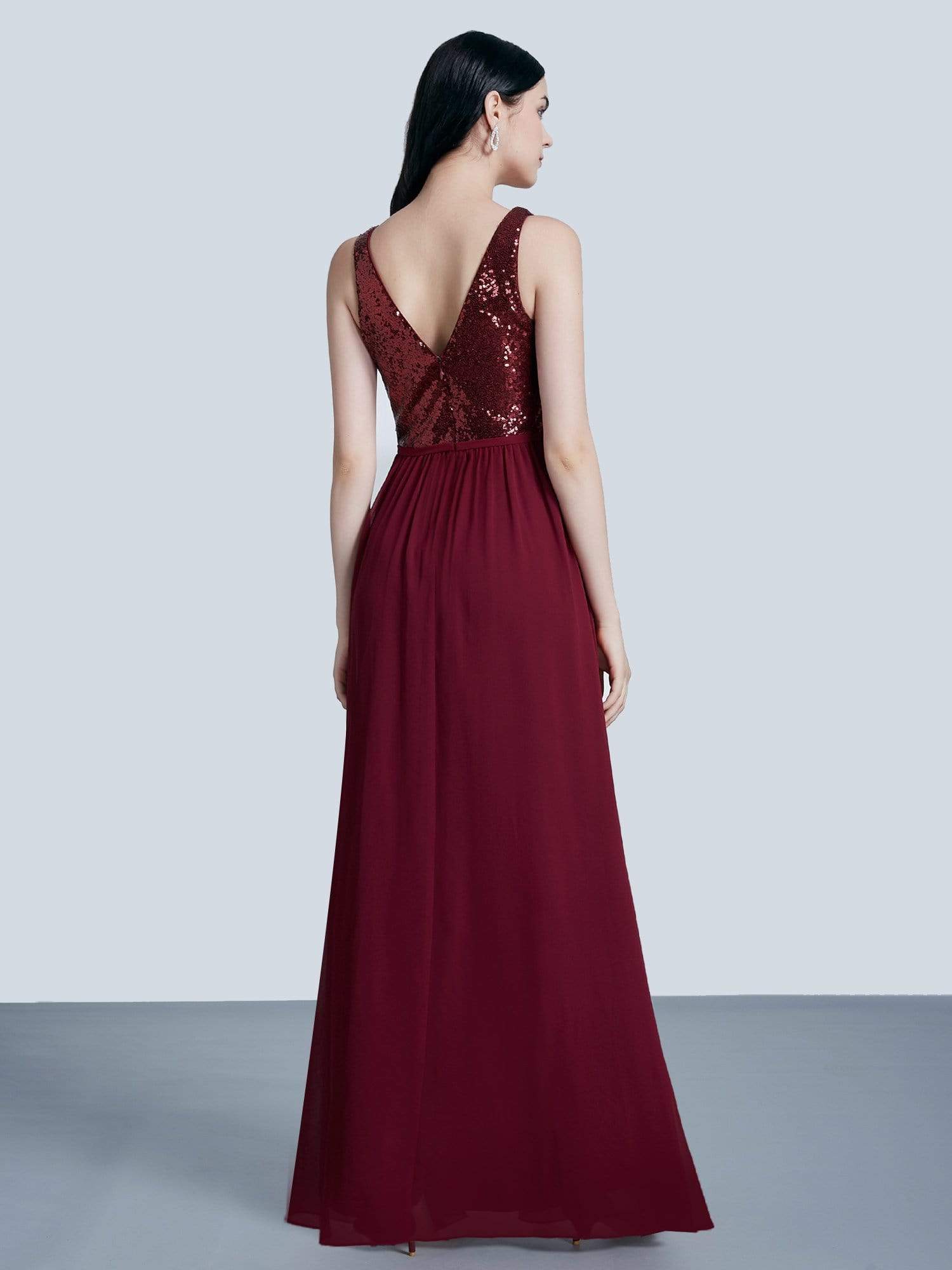 Color=Burgundy | Long Sequin And Chiffon Evening Dress-Burgundy 3
