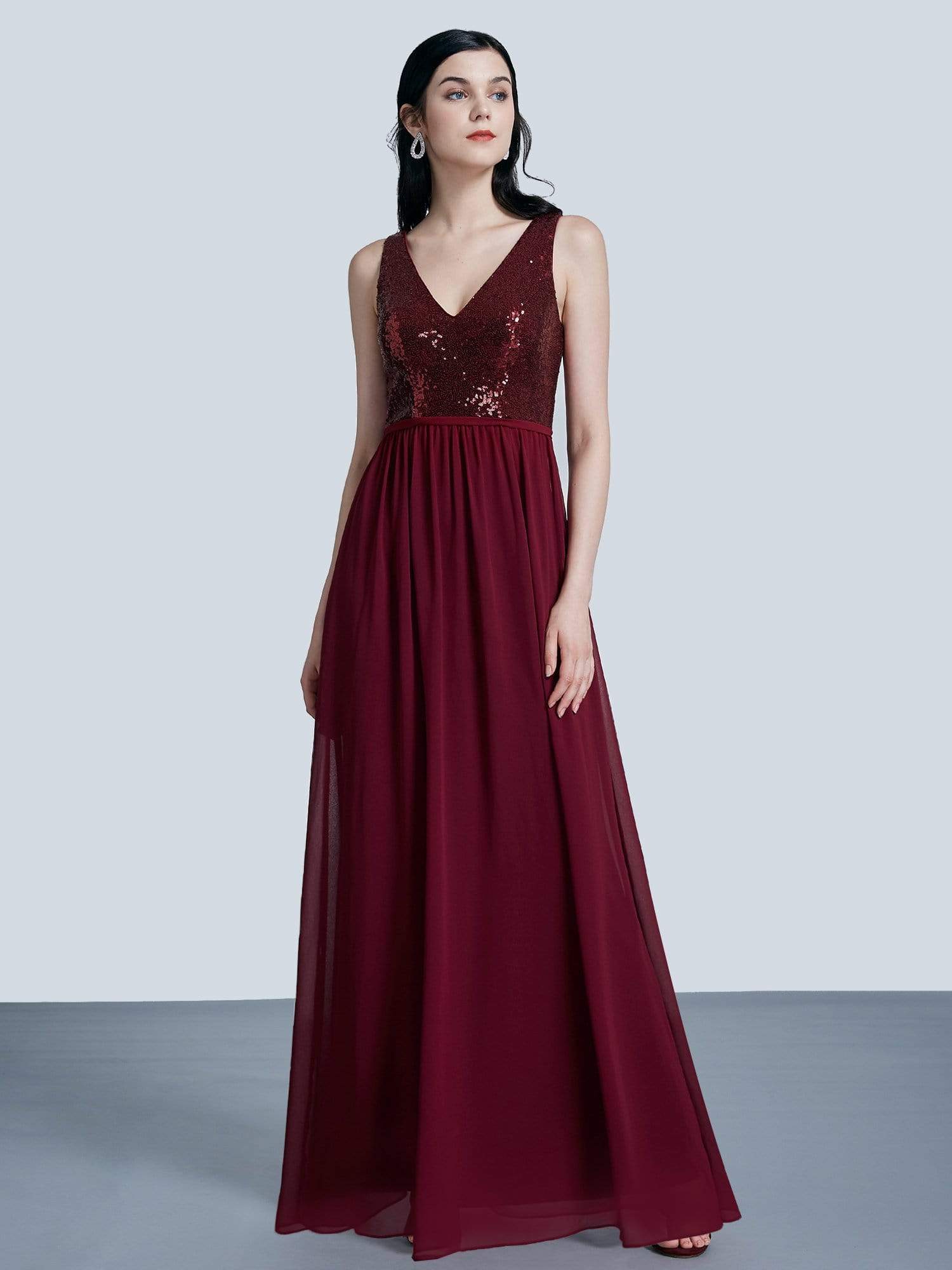 Color=Burgundy | Long Sequin And Chiffon Evening Dress-Burgundy 4