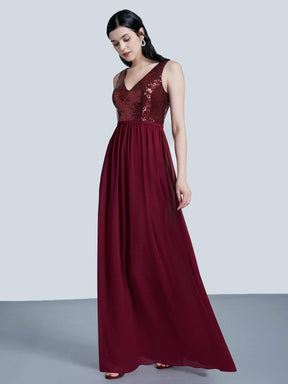 Color=Burgundy | Long Sequin And Chiffon Evening Dress-Burgundy 5